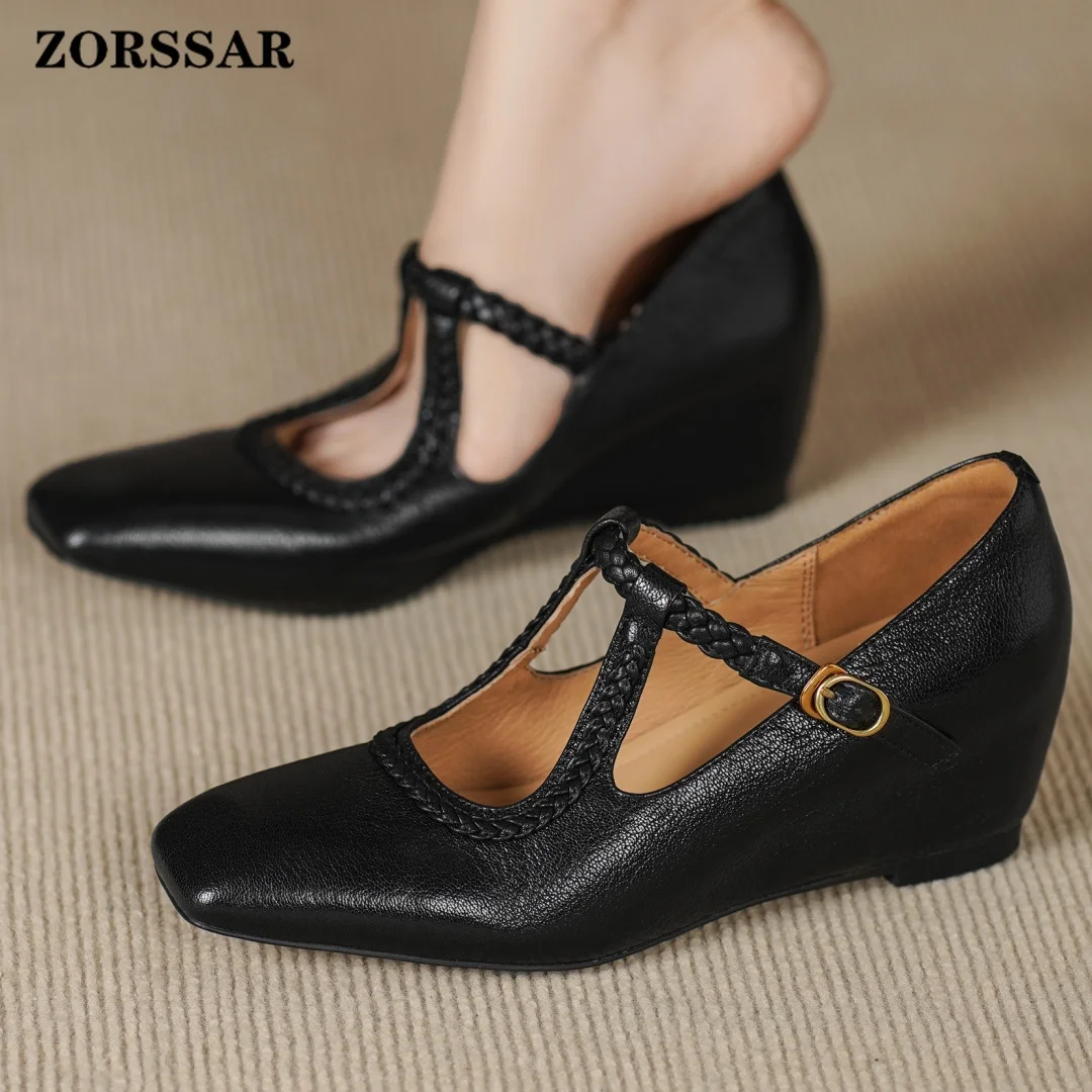 Women's Sheepskin Narrow Band T-strap Slip-on Pumps 5cm Wedge Med Heel Casual Female High Quality Soft Comfortable Heeled Shoes