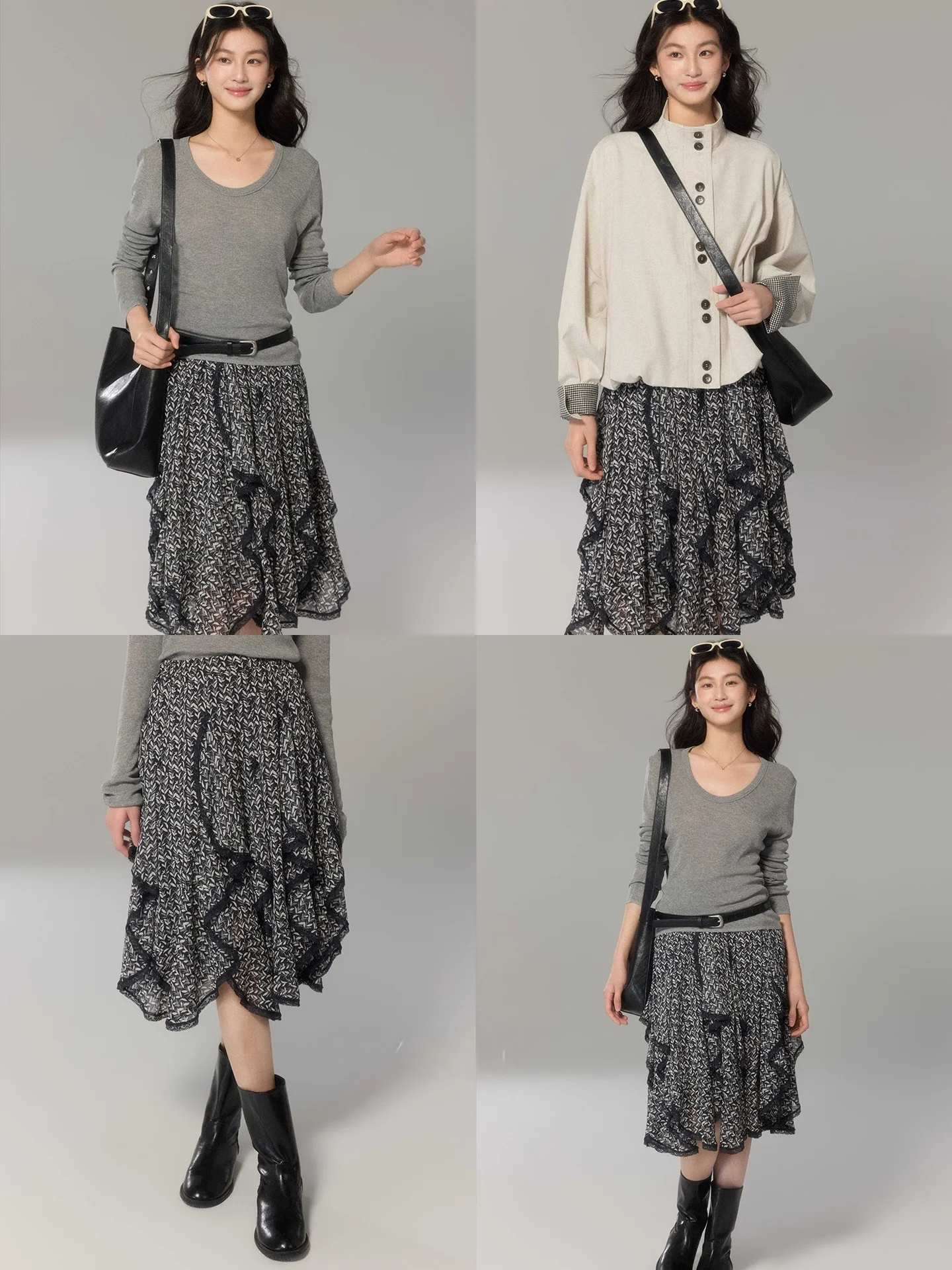 

Ele Romantic Asymmetrical f-length Skirt with Lace Trim Multi-plate Design High-waisted A-line Commute Sle Ladies' S...