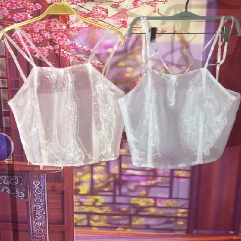 

Men's Sexy Sheer Organza Glossy Sissy Halter Crop Tops Women Sleeveless Camis Backless Strap Tank Top Erotic Lingerie 1PCS