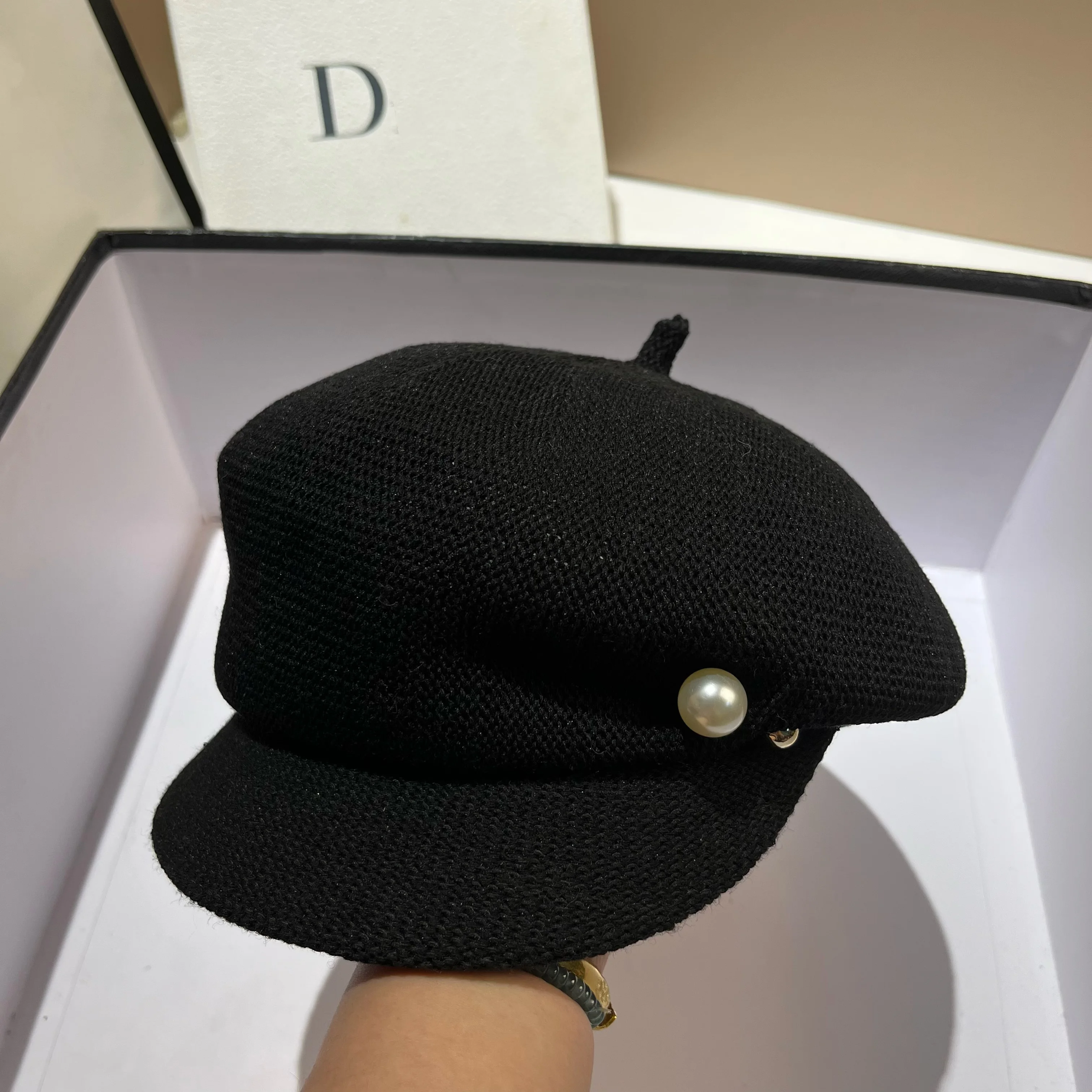 

Pearl Irregular Navy Hat Fashion Women's New Shaped Knitted Beret Spring/Summer Breathable Thin Octagonal Newspaper Hat