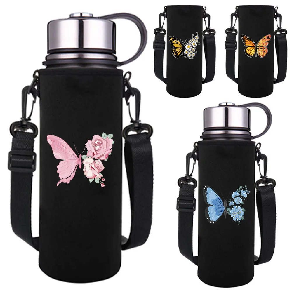 

Water Bottle Sleeve Adjustable Strap, Portable Insulated Water Cup Sleeve for 550-1500ML Sports Bottles Case Butterfly Print