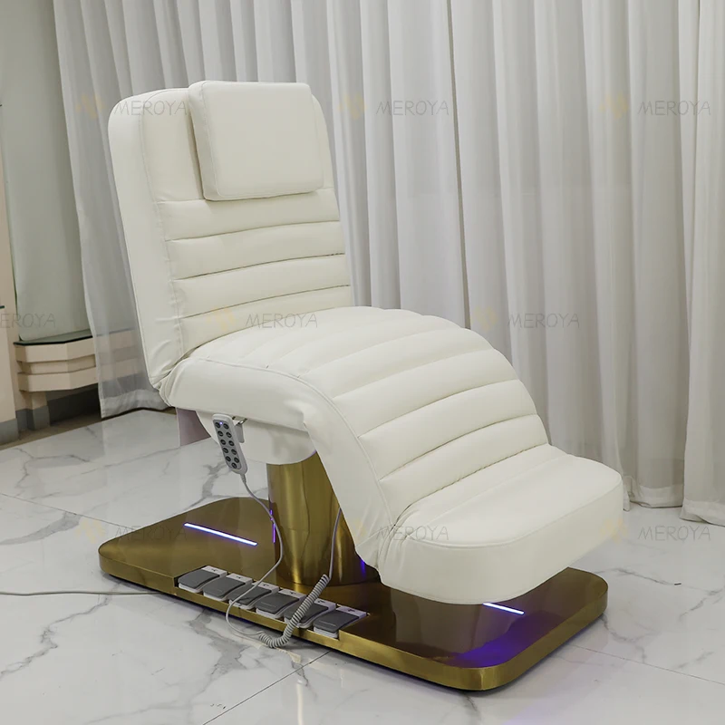 

Luxurious Gold Base Foot Control Beauty Salon Cosmetic Facial Bed Modern 3 Motors Electric Adjustable Massage Table And Bed