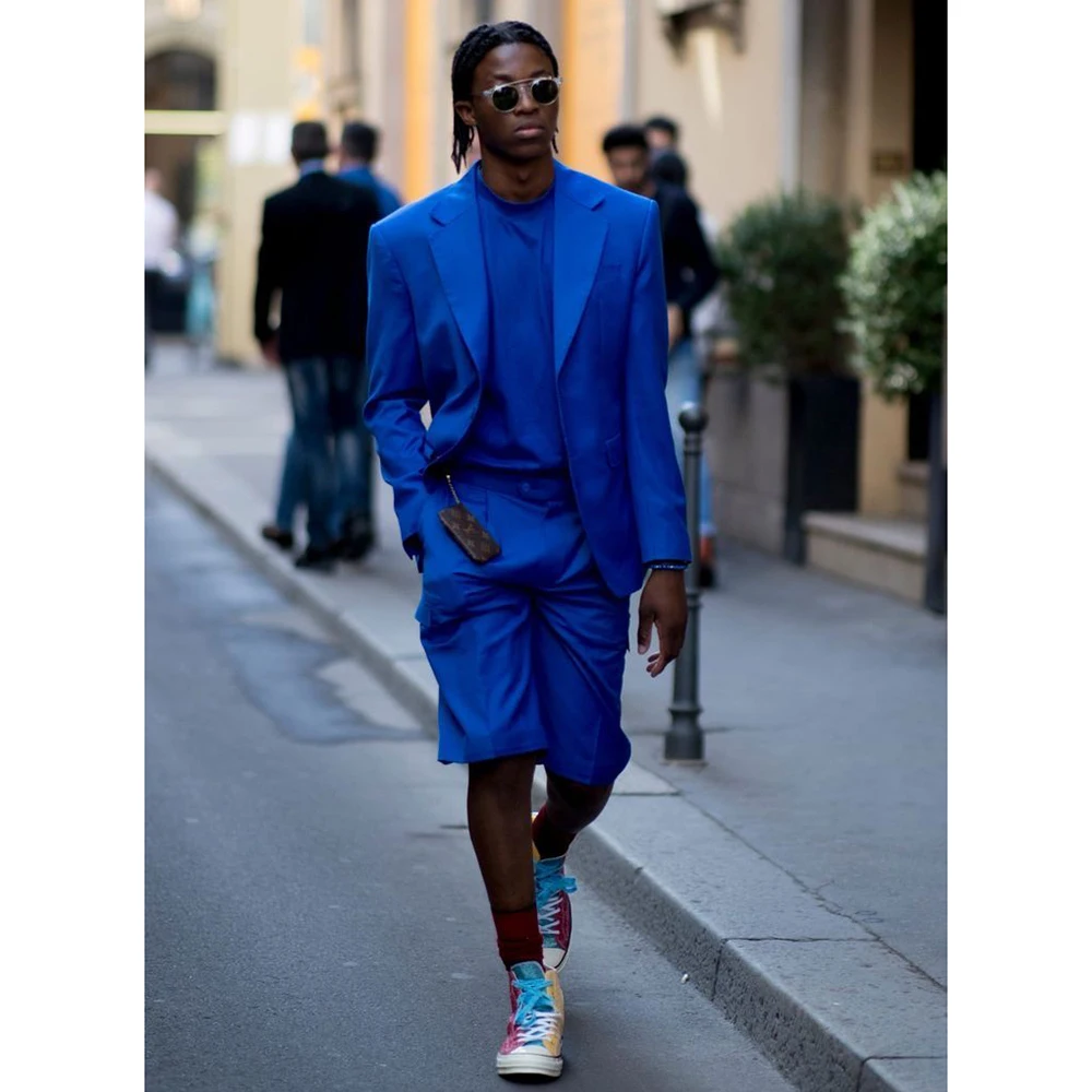 

Лето 2025 г., мужской костюм свободного кроя, комплект из 2 предметов (куртка + короткие брюки), однобортный эластичный комфортный повседневный комплект с остроконечными лапками для повседневной жизни