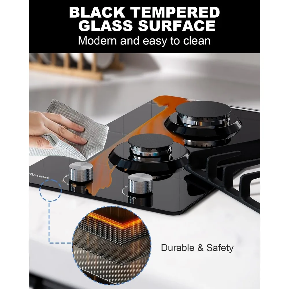 2バーナー プロパンガスコンロ ブラック強化ガラス、12インチ ビルトイン NG/LPG両用ガスコンロ、18,000BTU ガスホブ（フラットタイプ）