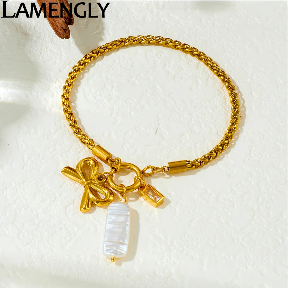 

LAMENGLY 316L Stainless Steel Big Bowknot Rectangular Pearl Crystal Bracelet Women's Novel Glamorous Wrist Chain Party Gifts
