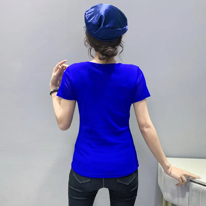 New Chic Summer Sleeveless Women Tank T-Shirt Fashion Casual V-Neck Hot Diamonds Sexy Hollow Out Tees Female Elasticity Tops