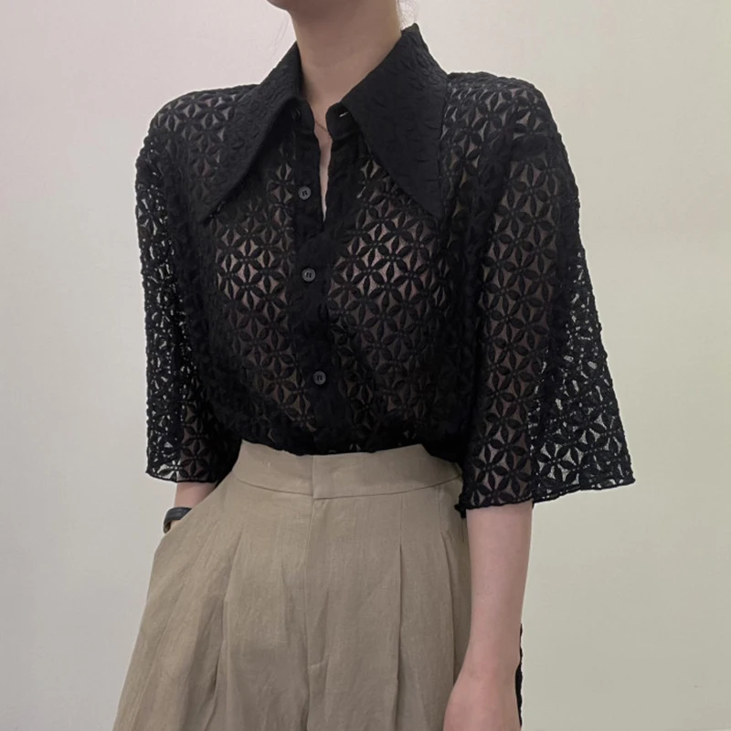 

Clothland Women Vintage Lace Transparent Blouse Turn Down Collar Three Quarter Sleeve White Black Shirt Sexy Tops Blusa LA724