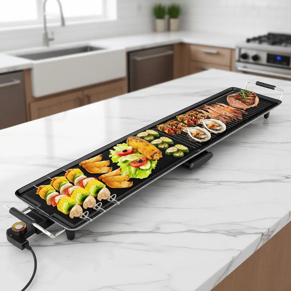 

Электрическая сковорода-гриль Teppanyaki увеличенного размера с антипригарным покрытием, 4 регулируемыми температурными режимами, равномерным нагревом и ручками, удлиненная, для стола