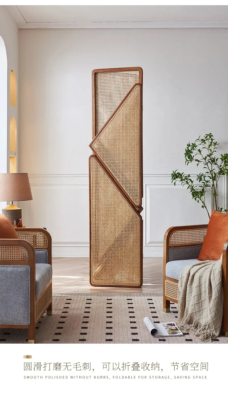 Nordic solid wood screen partition wabi sandy wind rattan folding entrance mobile Japanese-style homestay inn tea room