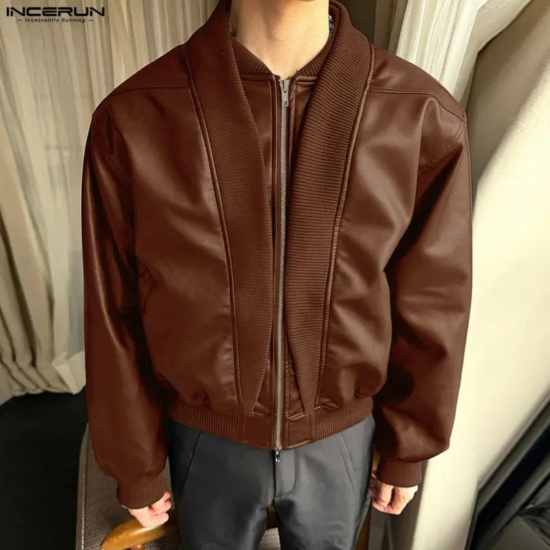 

INCERUN Men Jackets PU Leather Patchwork Stand Collar Long Sleeve Zipper Coats Men Streetwear Loose Punk Style Fashion Jackets