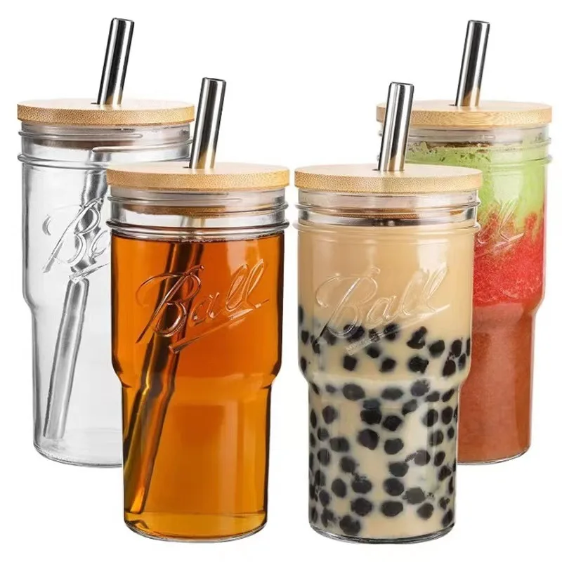 

730ml Iced Coffee Glasse Cup with Bamboo Lid and Straw Reusable Boba Cup Smoothie Tumbler Glass Bubble Tea Cup