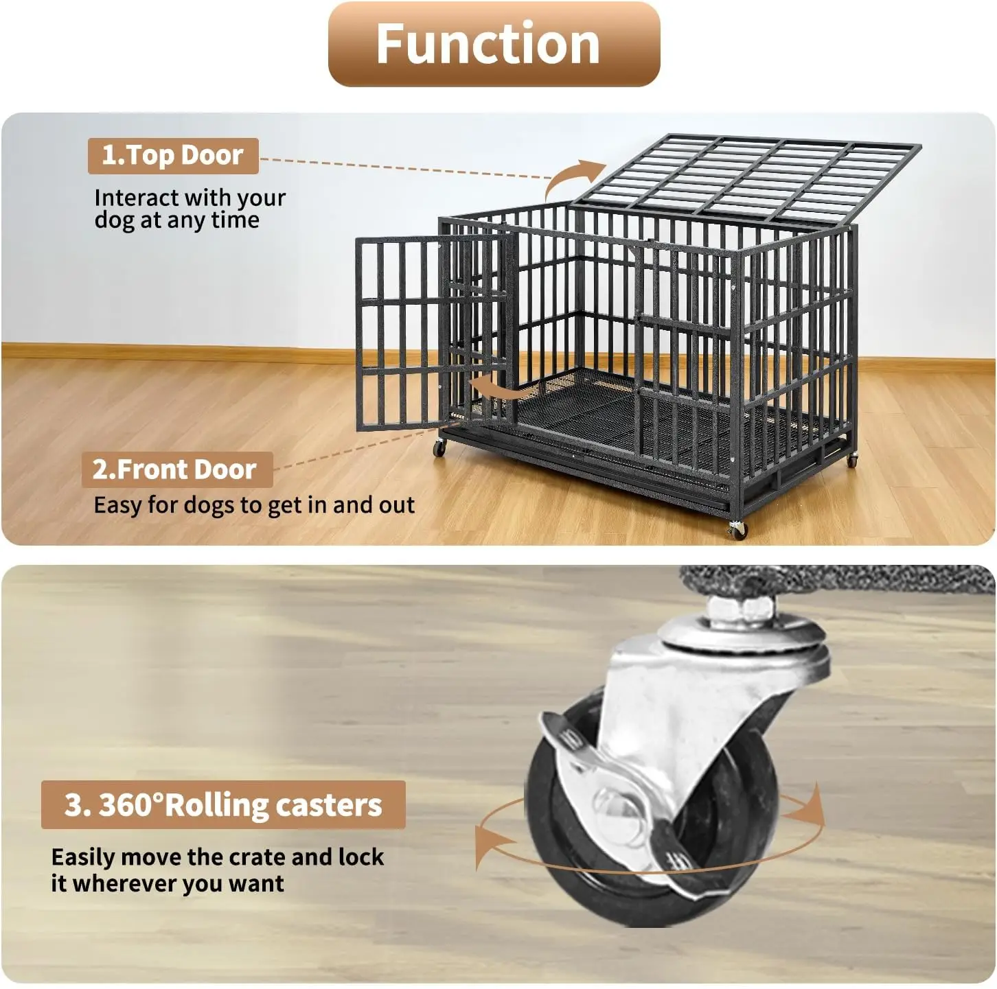 48 Inch Heavy Duty Indestructible Dog Crate Steel Escape Proof, Indoor Double Door High Anxiety Cage, Kennel with Wheels