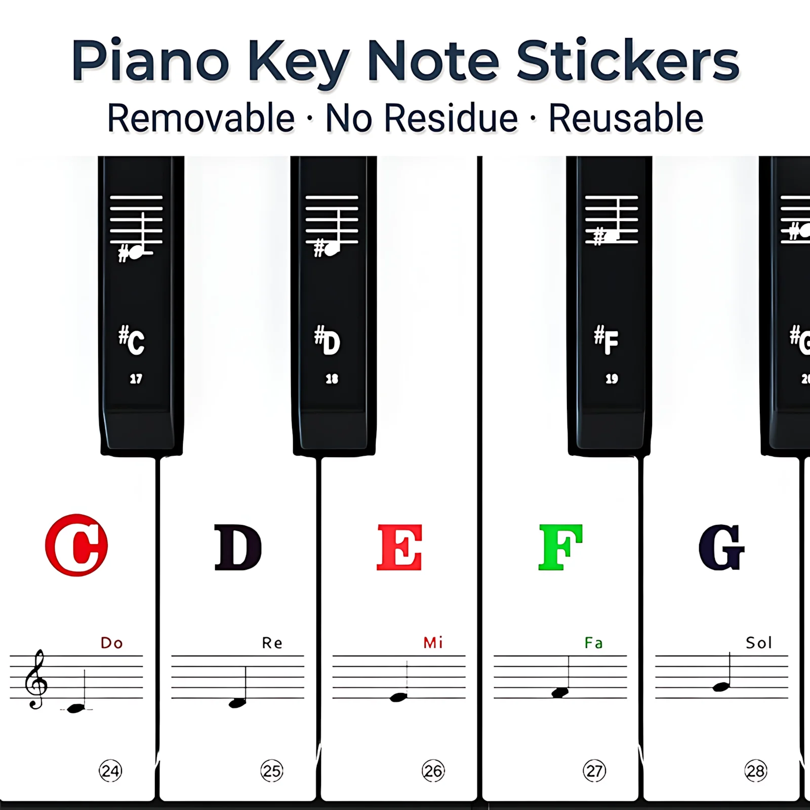 Piano Keyboard Note Stickers 37 49 54 61 88 Keys White Black Removable Electronic Music Labels for Beginners