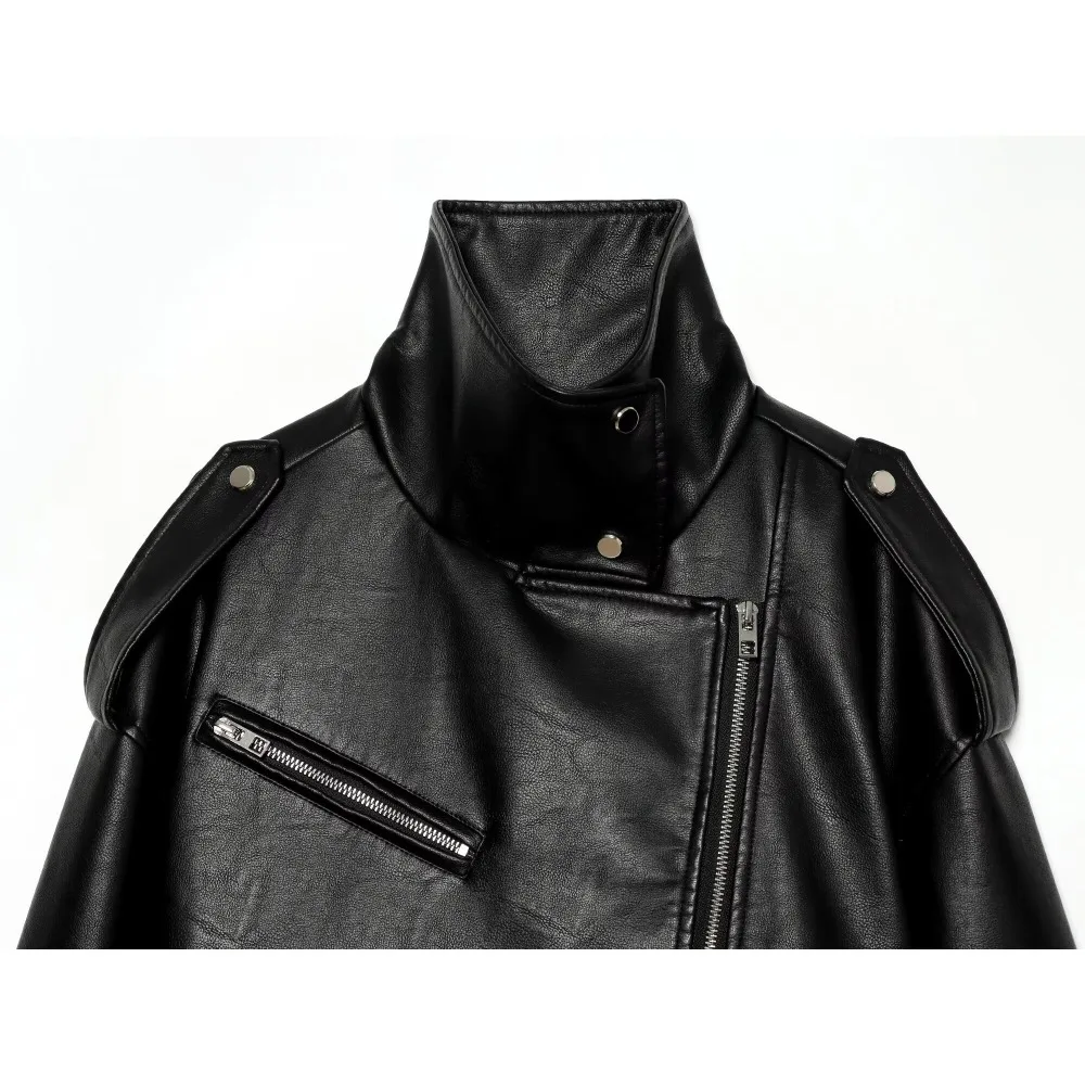 Stylish Women's Faux Leather Biker Jacket with Zip Cuffs and Shoulder Tabs Black Stand-up Collar Zippered Jacket with Belted Hem