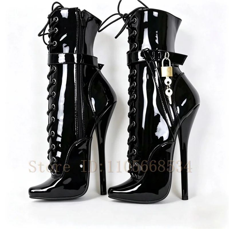 Patent Leather Patchwork Ultra High Heel Ankle Boot Lock Decor Front Lace Up Side Zipper Stiletto Booties for Pole Dance Perform