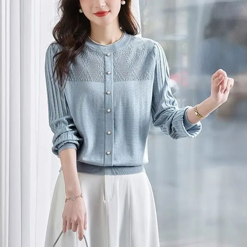 Female Clothing Fashion Hollow Out Blouse Korean Solid Color Spring Autumn Commute Button Loose Casual Round Neck Knitted Shirt