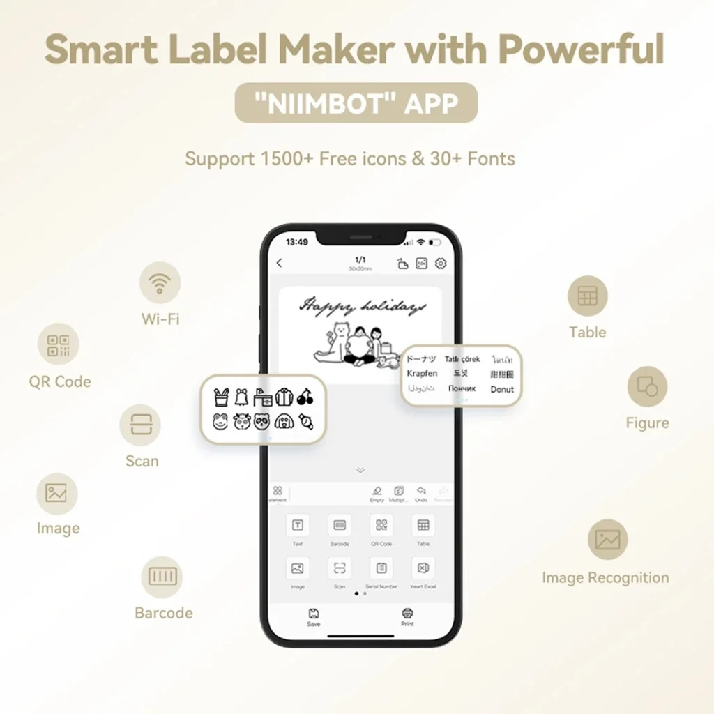 Niimbot-Imprimante d'étiquettes B1, Portable, Déterminer, Thermique, Mini, Code-barres, QR, Code, Autocollant, Papier, Document, Rouleaux, Maker, Câble