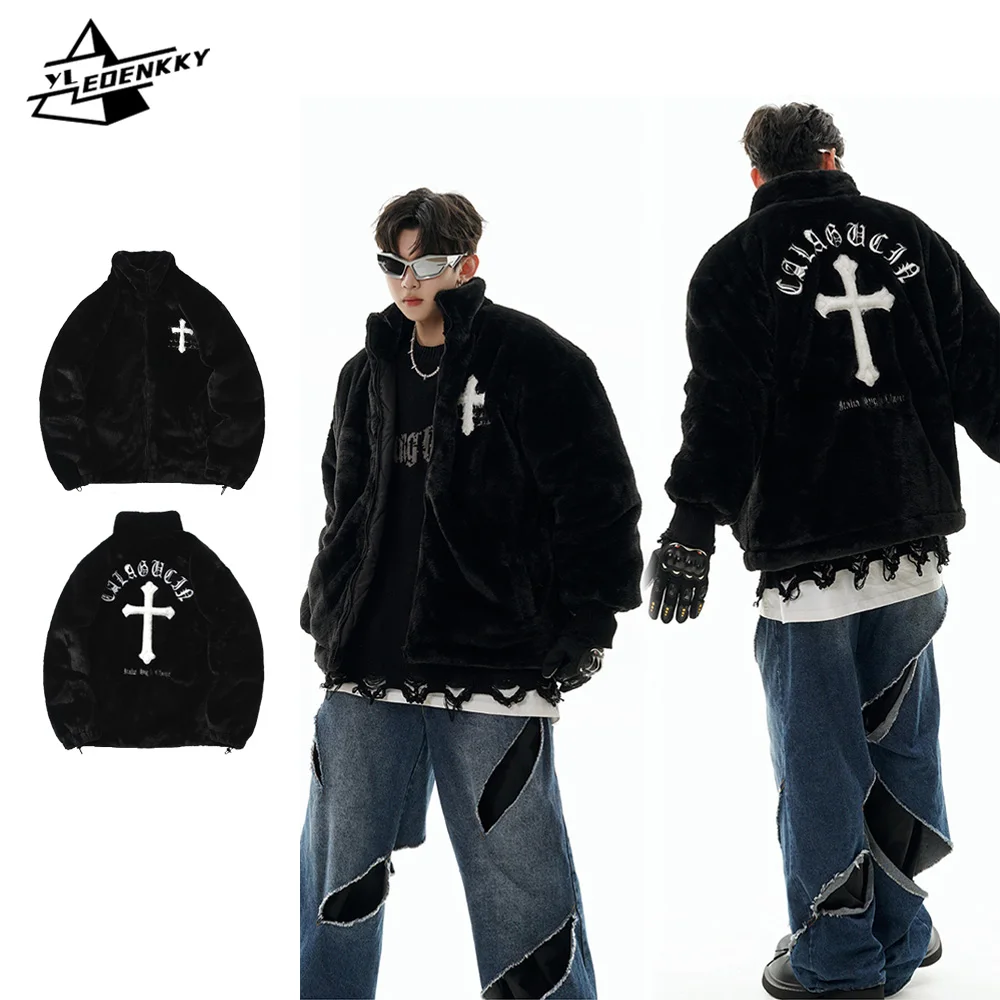 Imitation Rabbit Fur Parka Men Women Hip-hop Letters Embroidery Crucifix Fleece Jacket Winter Harajuku Casual Unisex Outerwear