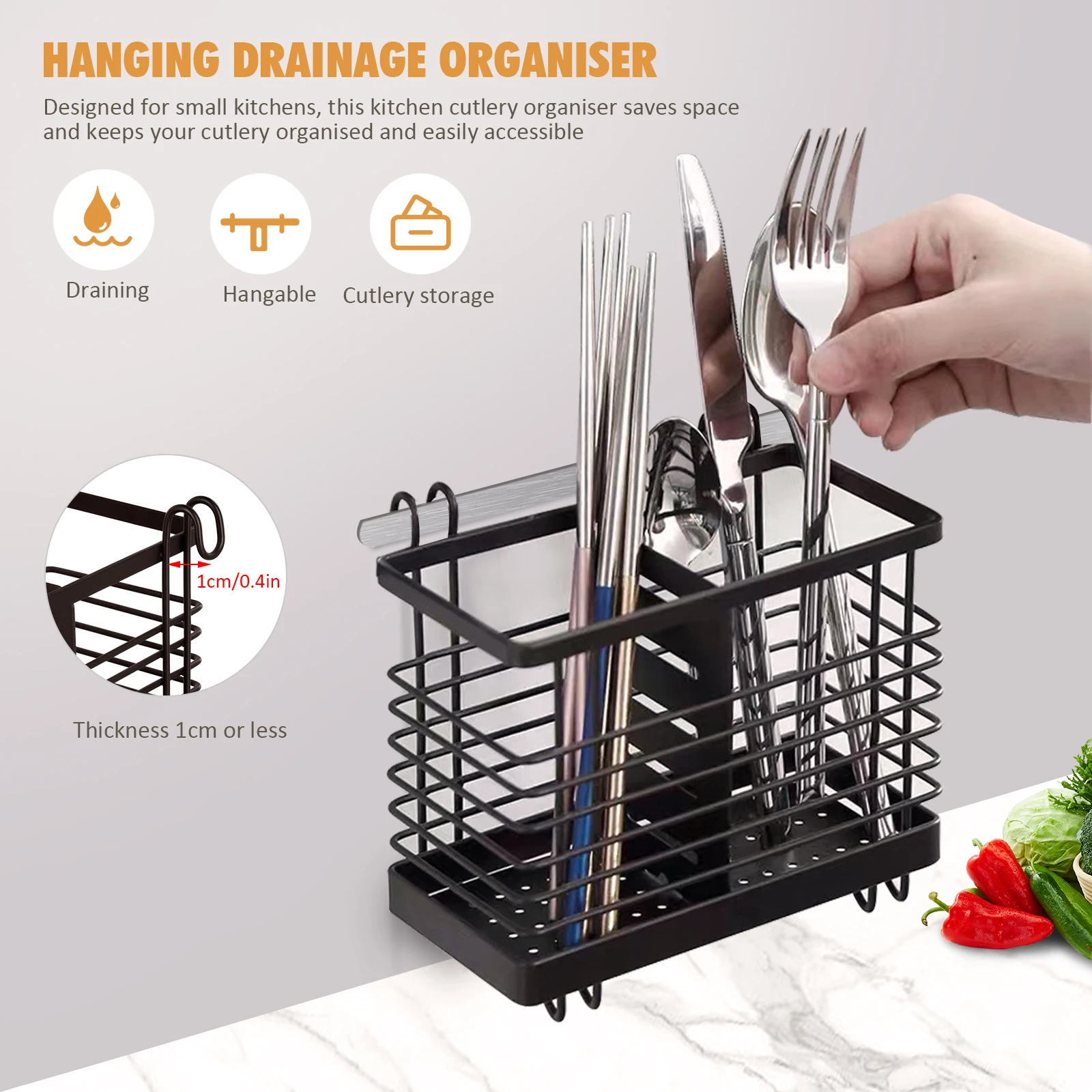 Hanging Kitchen Cutlery Holder Sink Caddie Cutlery Drainer Stainless Steel Kitchen Caddie Spoon and Fork Chopstick Organizer