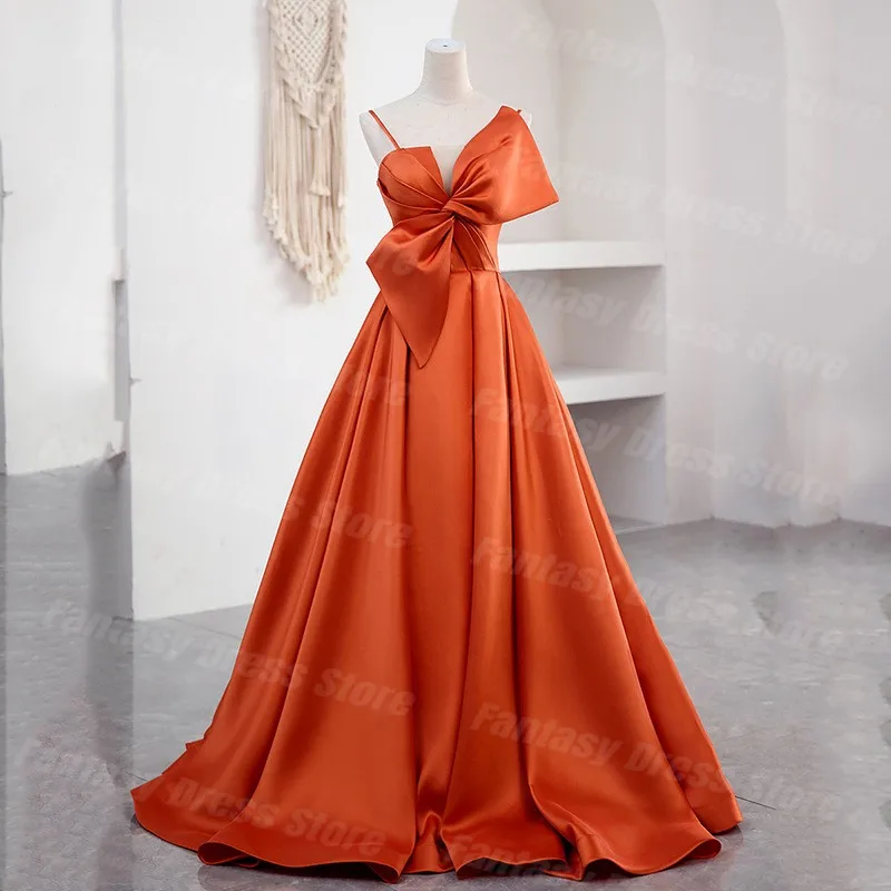 Elegant 2023 Latest Orange A-line Prom Dresses Satin Sleeveless Pleated Big Bow Formal Evening Dresses For Women فساتين السهرة