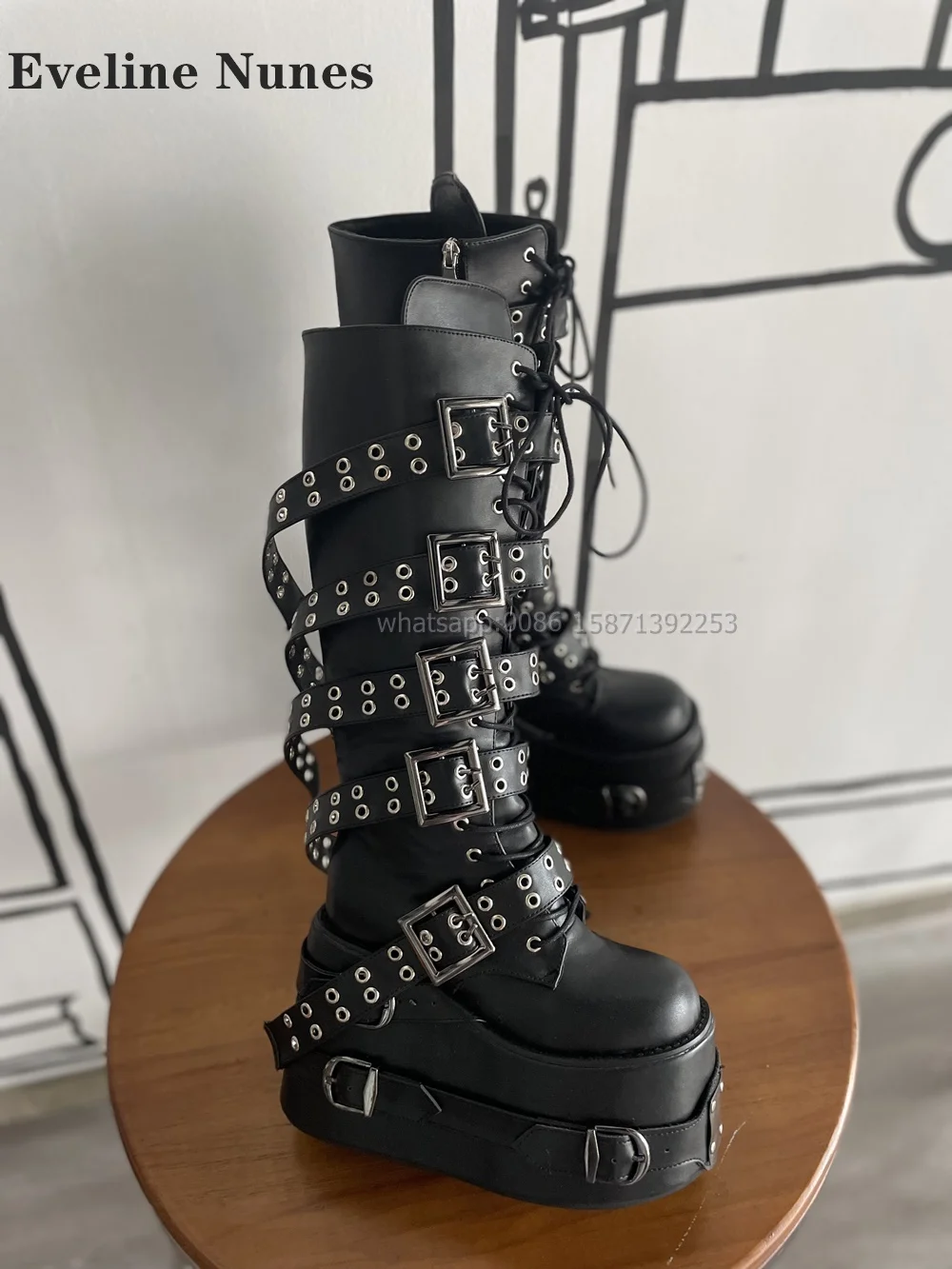 Belt Buckle Platform Motorcycle Boots Round Toe Height Increasing Cross Tied Patchwork Booty Punk Plus Size Booties Heavy Work