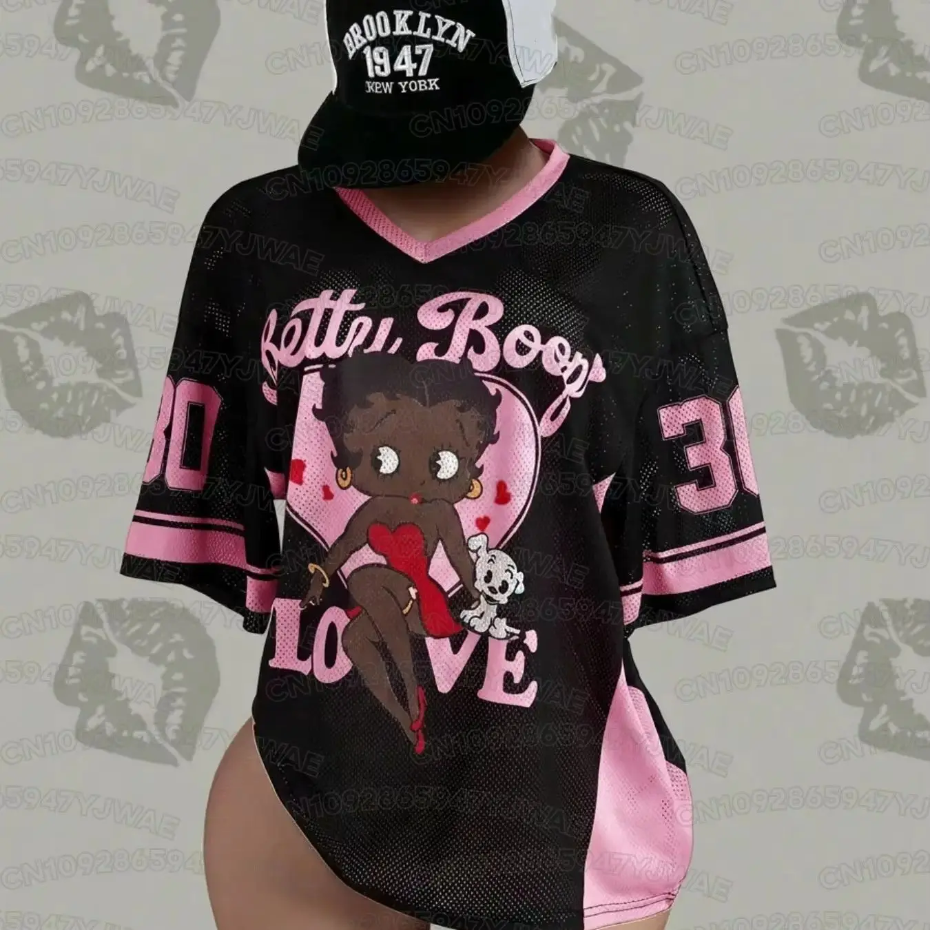 Sommer Damen- und Herren-T-Shirt mit Cartoon-Betty-Boop-Print, V-Ausschnitt, Grafik-Design, Fußballtrikot, Übergröße, Sport-T-Shirt, Kurzarm-T-Shirt – Detail 3