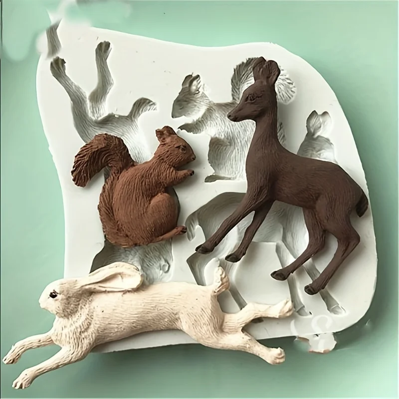 Forest Animals Chocolate Mold 3D Silicone Deer Squirrel Rabbit Candy Fondant Mold, Baking Tools