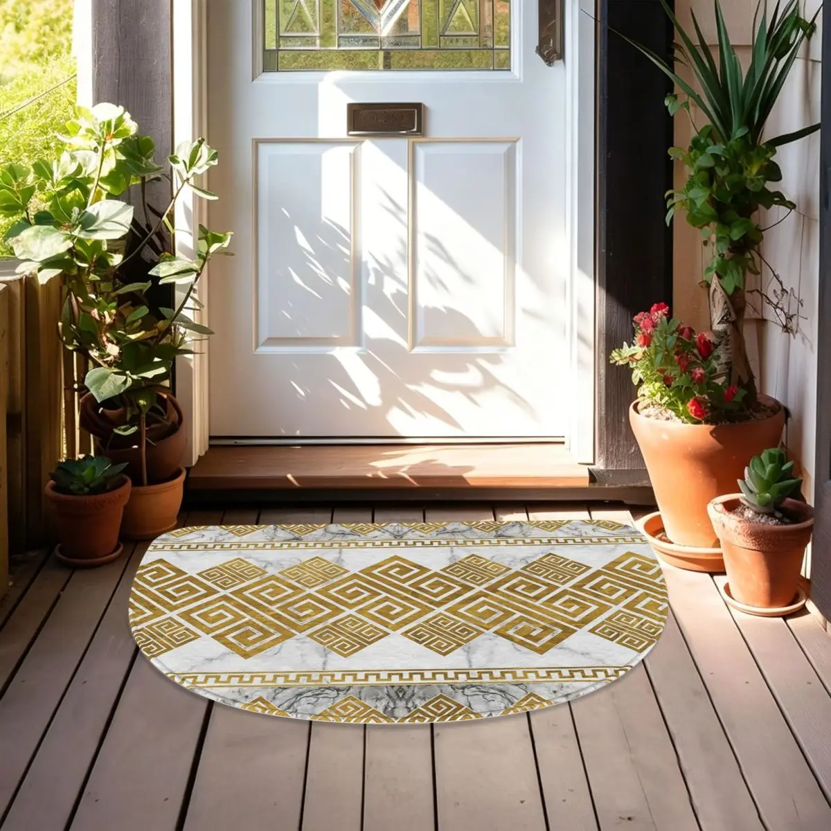 Greek Meander - Greek Key White Marble And Gold Soft Flannel Half Round Doormat Non Slip Bathroom Mat Absorbent Floor Carpet