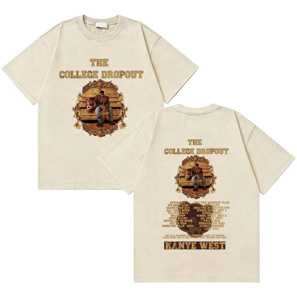 

Washed Vintage Rapper Kanye West The College Dropout Bear Double Sided Graphic T-shirt Men Women Hip Hop Fashion Trend T Shirts