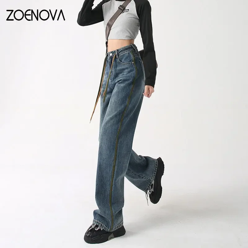 ZOENOVA Y2K 2023 Amerikaanse retro rechte buis wijde pijpen broek groene bindende zijstrip jeans volledige lengte chique streetwear broek