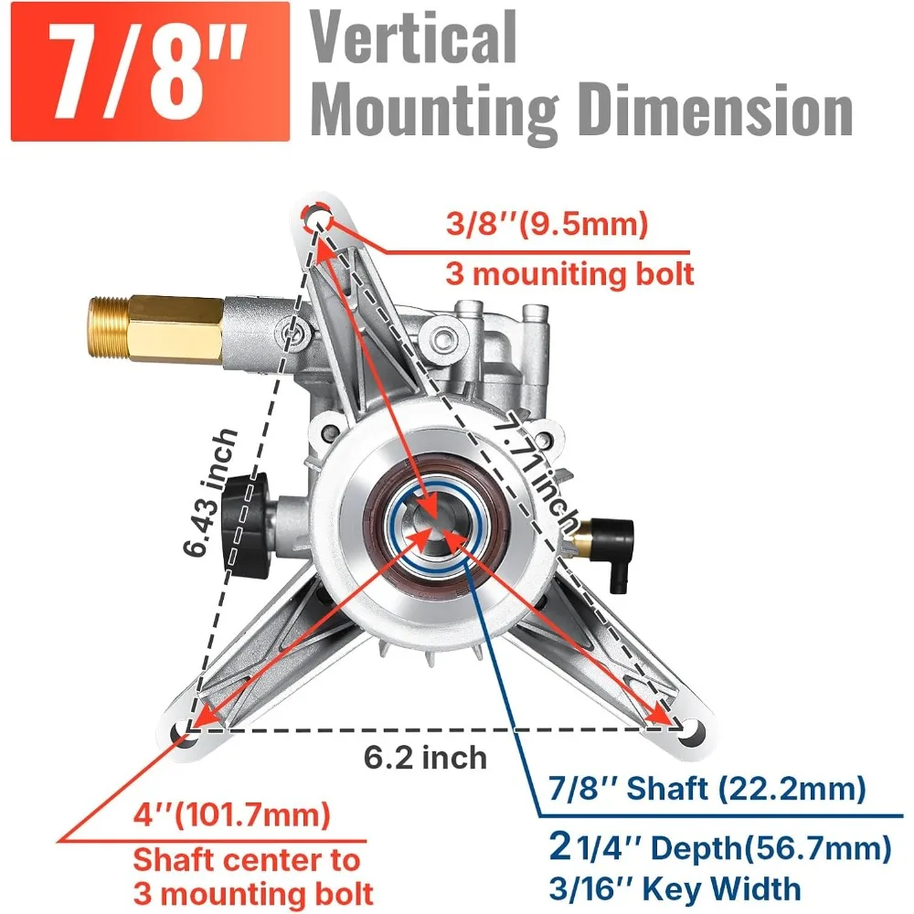

7/8" Shaft Vertical Pressure Washer Pump 3000 PSI @ 2.5 GPM Replacement Pump for Power Washer Compatible