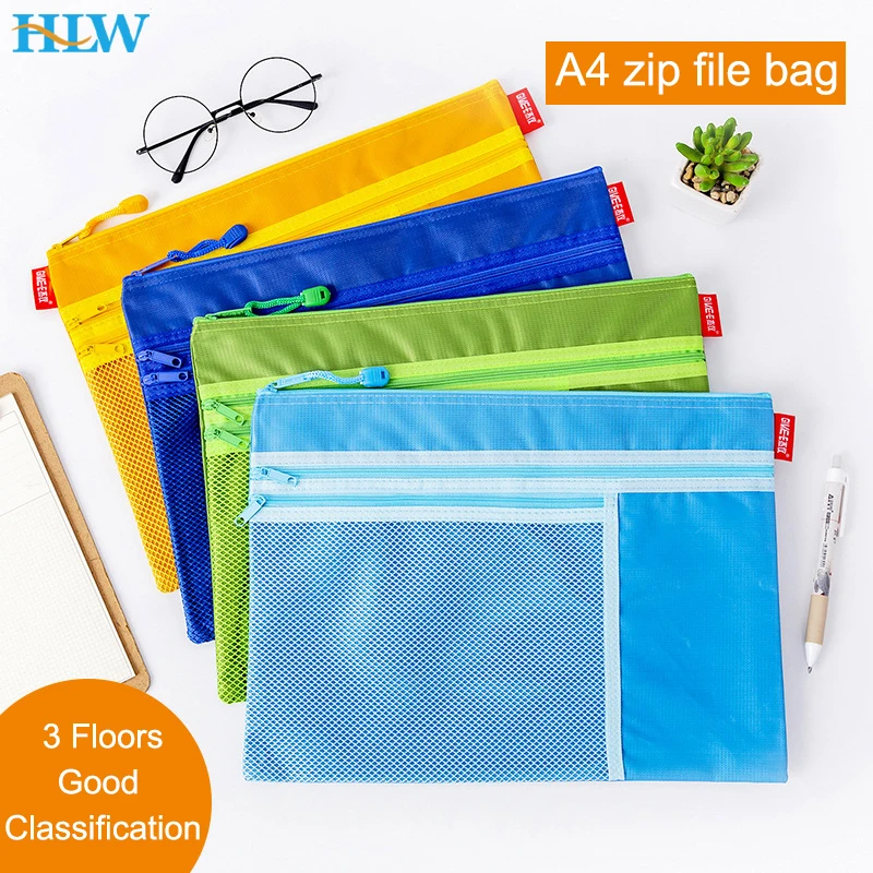 A4 Grid 3 Layers Zipper Pouch Document Bag Waterproof Zip File Folders School Office Supplies Pencil Case Storage Bags