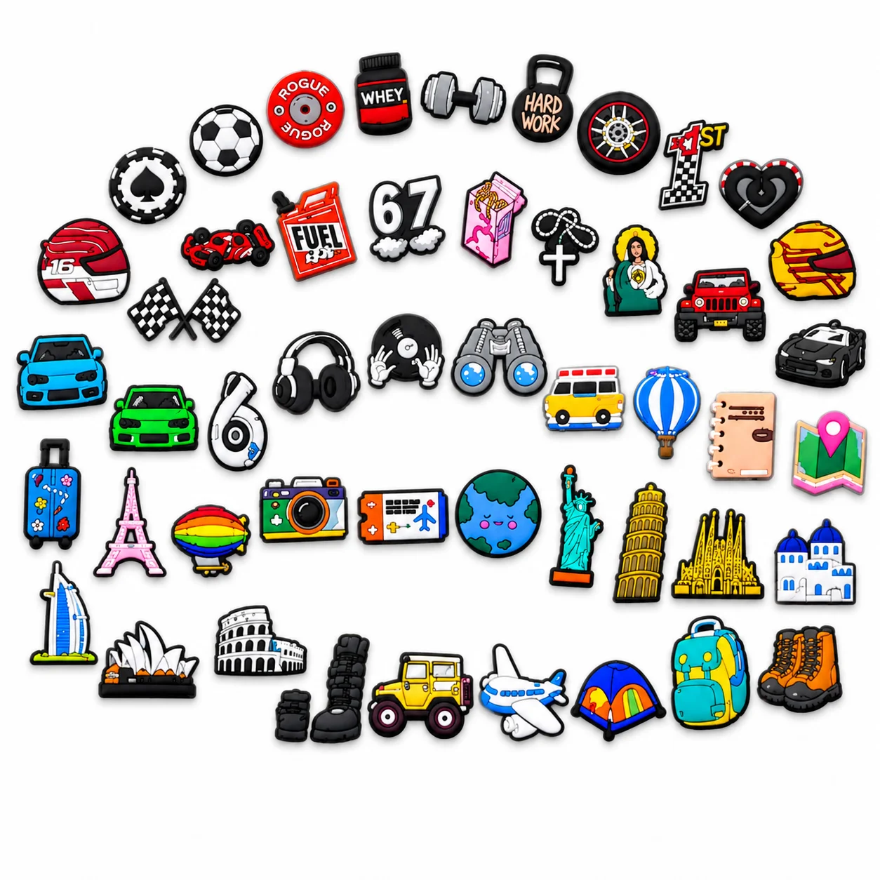 50pcs Travel Car Shoe Charms Set World Landmark PVC Pins for Clogs Sport Accessories Gift for Men Boys Teens Girls Kids