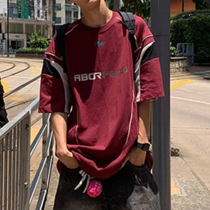 Hong Kong Style Retro Sports Jersey Patchwork Short Sleeved T-shirt for Men's Summer New Versatile