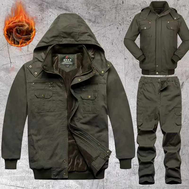 Men Winter Fleece Lined Cotton Work Jacket Thick Wear Resistant Anti Scald Labor Workwear For Welding Construction Auto Repair