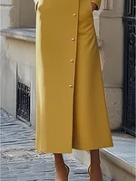 Freeacy Women's Yellow Mandarin Collar Diagonal Long Sleeve Buttoned Maxi Dress for Wedding Guest 2026 Luxury Office Dress - Image 3
