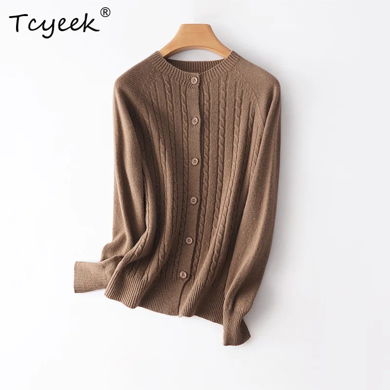 

Tcyeek, 100%Merino Wool Elegant Cardigans, Women Long Sleeve O-Neck, French Thin Knit Sweater, 2024 Autumn Winter Top T48565QC