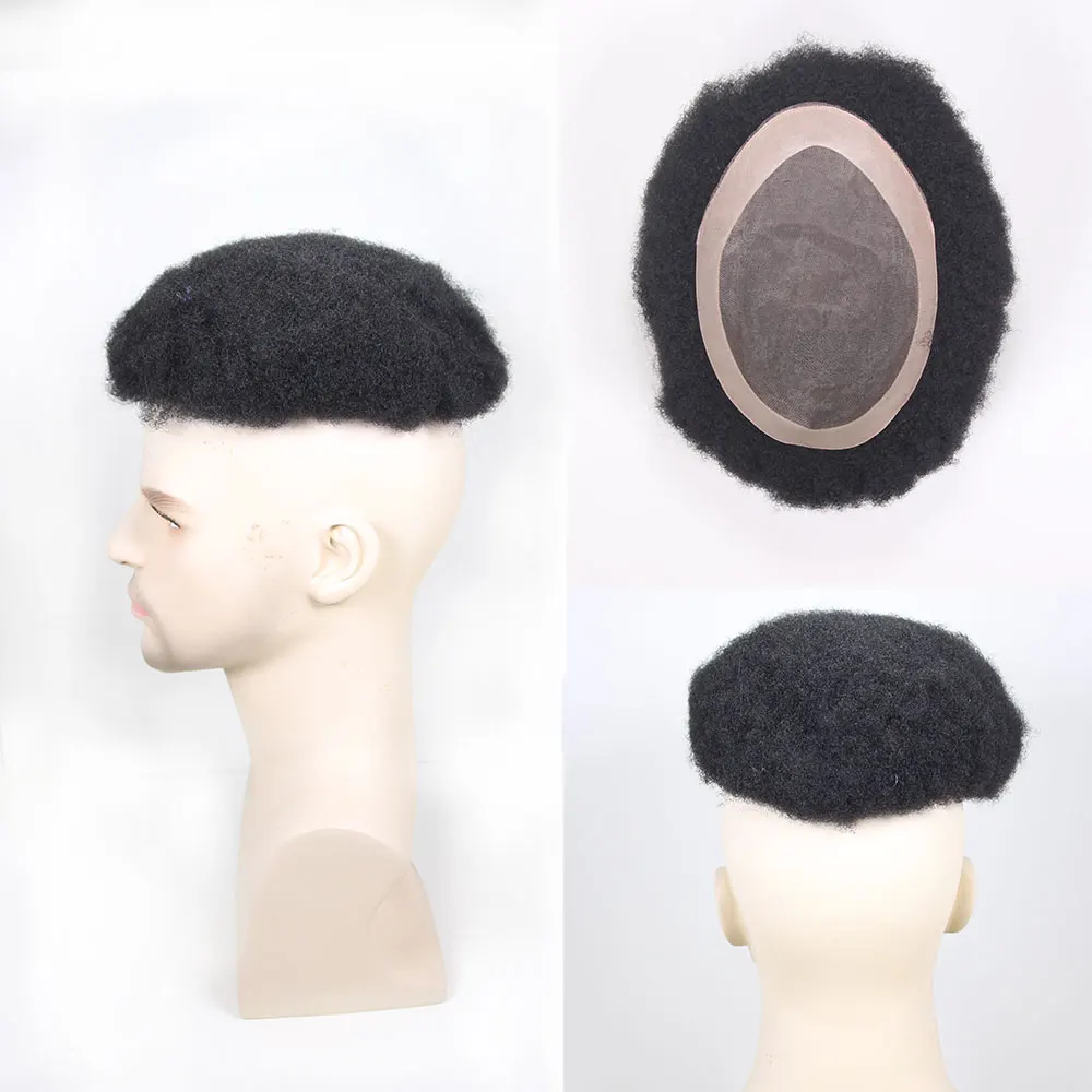 

Afro Curly 8x10 Jet 1# Black Human Hair Wig for Men Indian Remy Toupee Hair Piece Replacement System