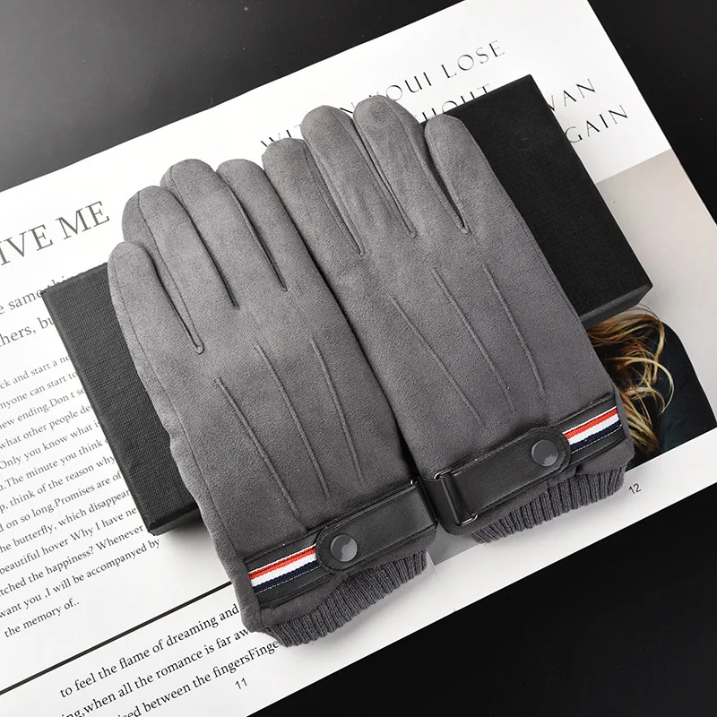 Fashion Men\'s Suede Leather buckle Plus Velvet Warm Gloves Winter Outdoor Thicken Skiing Sports Full Finger Cycling Mittens