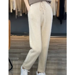 Pantaloni in pura lana al 100% pantaloni slim a vita alta da donna pantaloni sportivi spessi autunno e inverno pantaloni in cashmere coreano di moda.