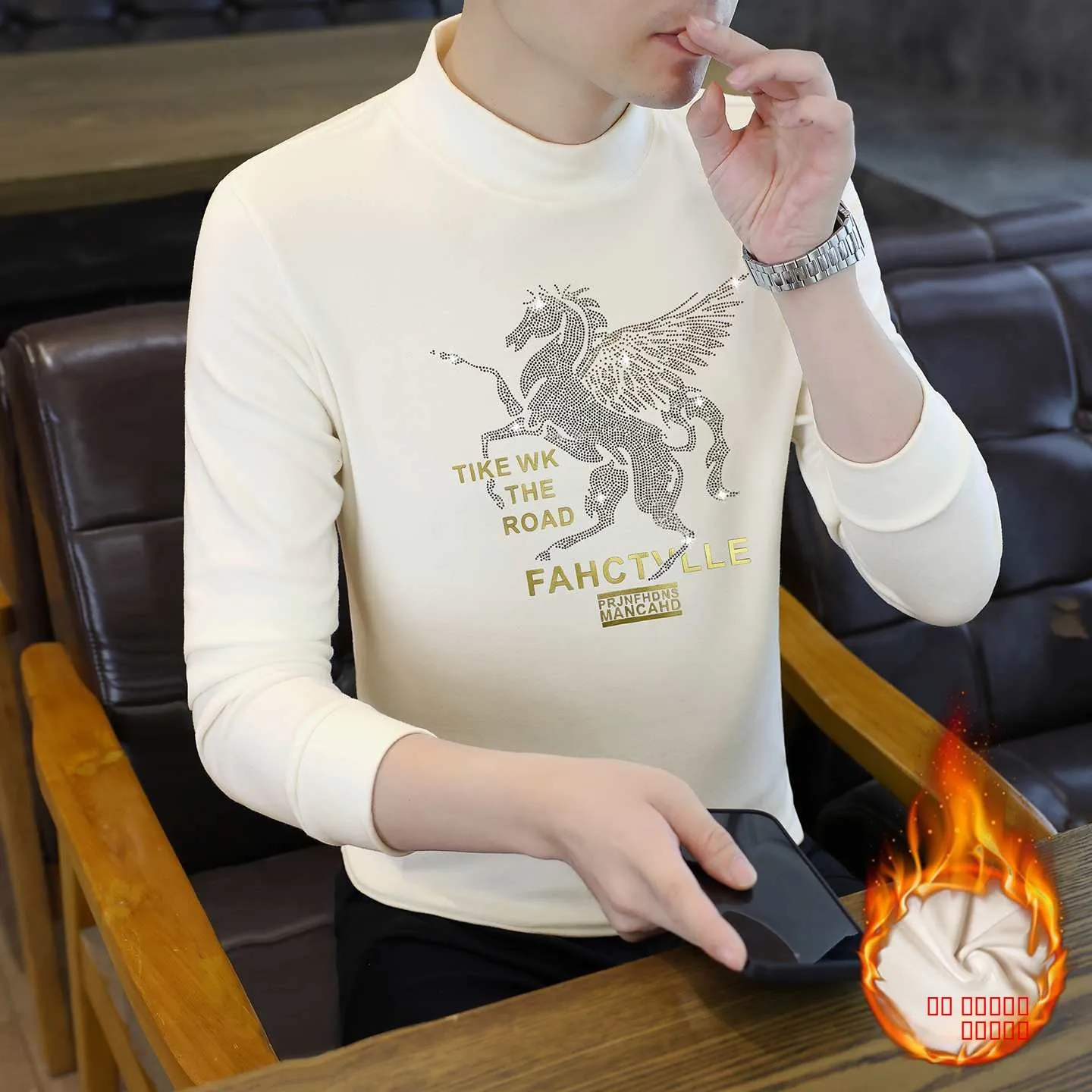 

Faionable Double-Faced Velvet Long-Sve f-High Collar Men's Base irt Warm T-irt with Rhinestones Peg Design Ca...