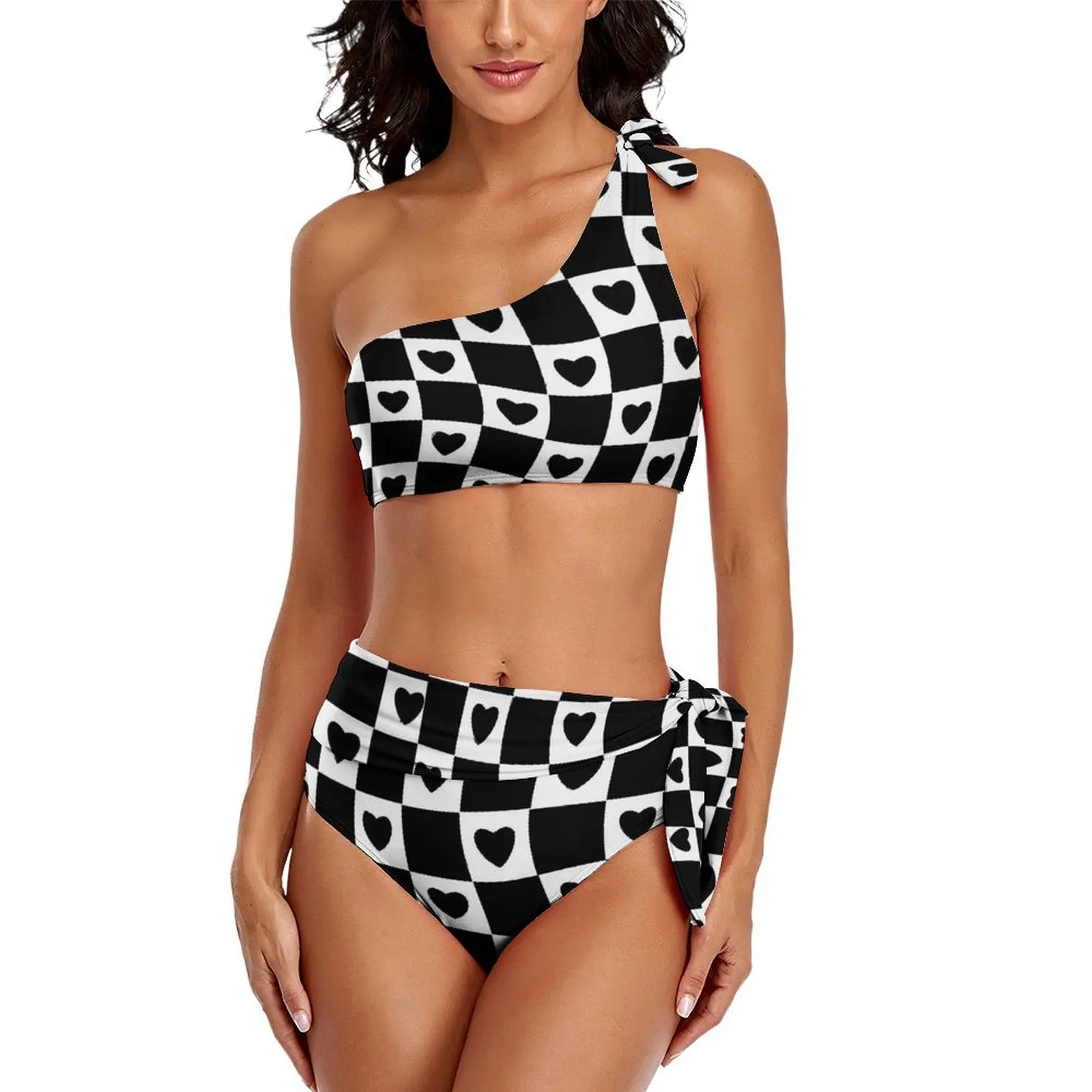 Hearts Check Print Bikini Set Schwarz-Weiß Bikini Badeanzug sexy One Shoulder Fantasy Bade bekleidung Surf 2 Stück feminine Bikinis