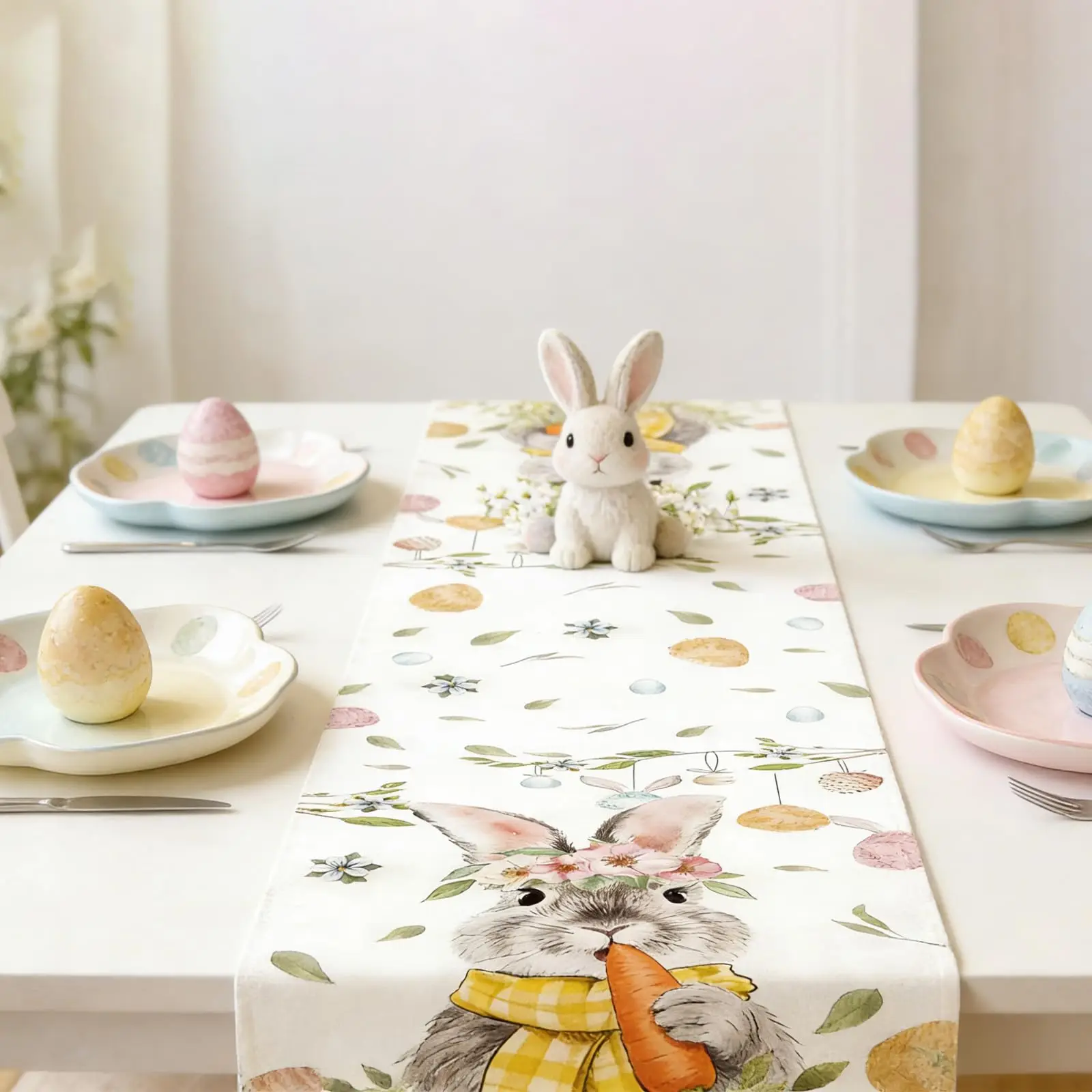 Easter Spring Table Runner Bunny Egg Flower Hessian Print Holiday Home Dining Party Decor