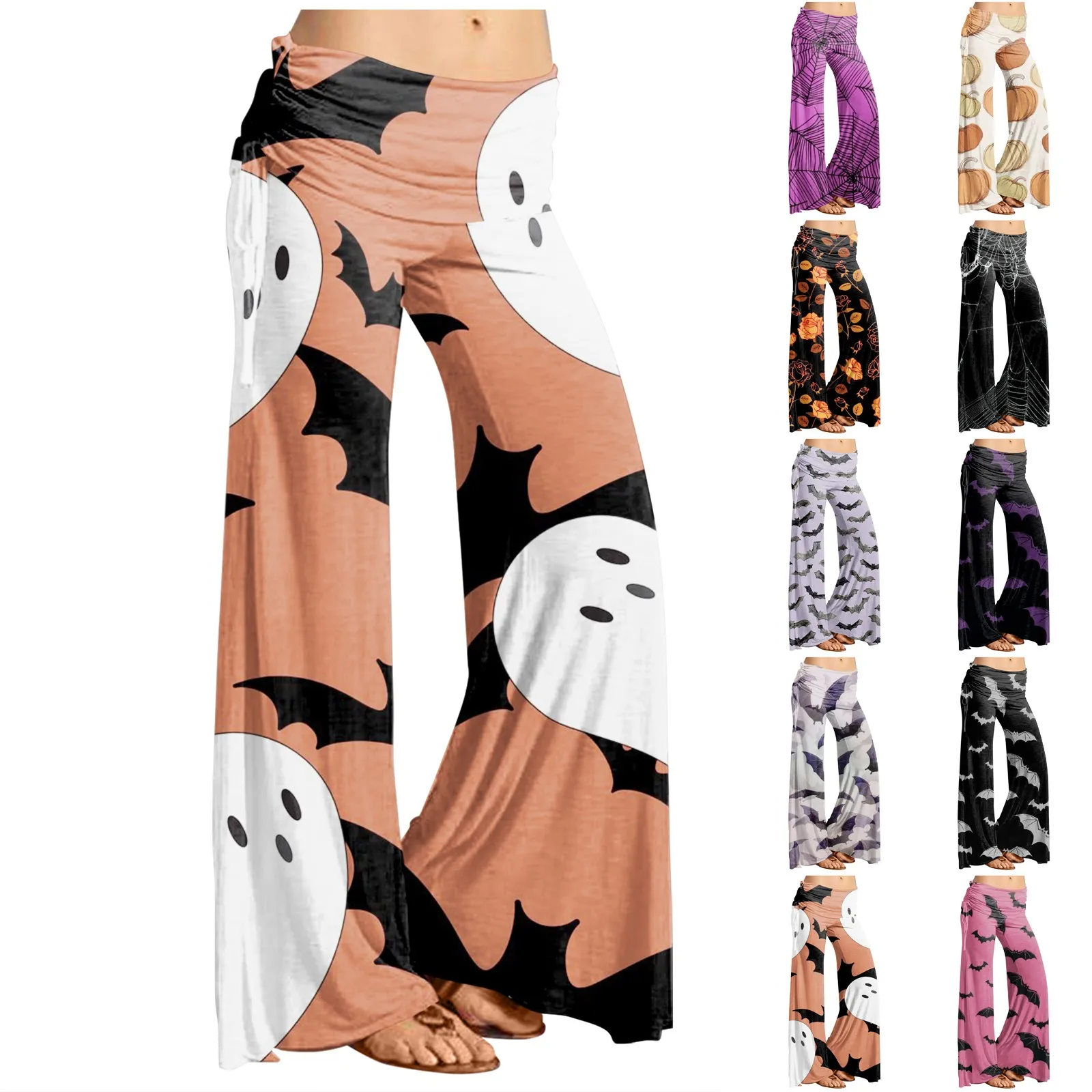 Halloween Pumpkin Bat Print Pants For Women Casual Flared Drawstring Trousers Ladies Casual Joggers Wide Leg Pants