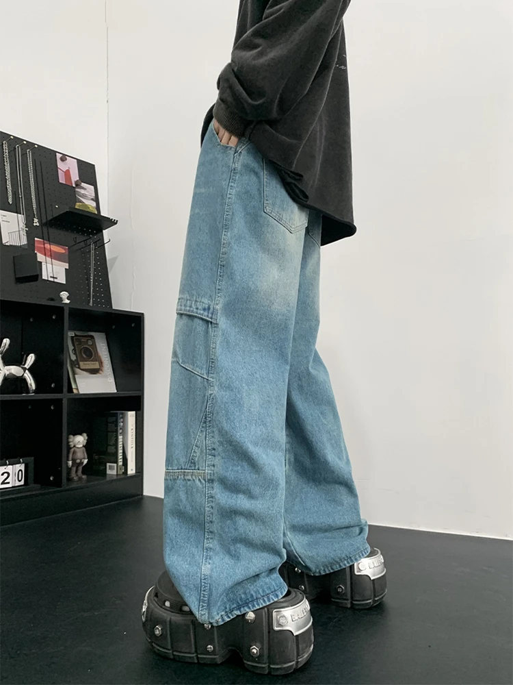 Jeans lavado solto para homens, fitness para pernas largas, temperamento bonito, branqueado, normcore chique, harajuku, estilo japonês sólido