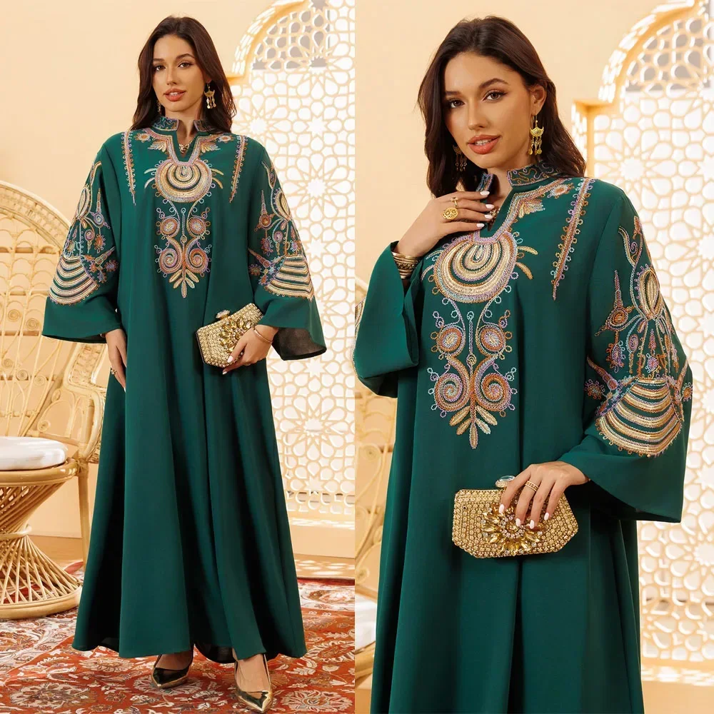 Colorful Flower Embroidery Abaya Fashion Maxi Long Dress Muslim For Women Stand V-Neck Robe Ramadan Islamic Jalabiya Loose Gown