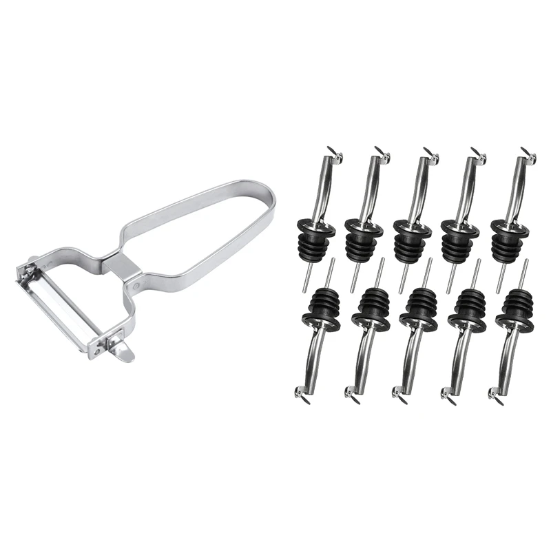 10-Pack Stainless Steel Wine Pourers Liquor Pour Spouts Set & 1X 2 In 1 Slicer Planer Potato Carrot Grinder Kitchen Tool