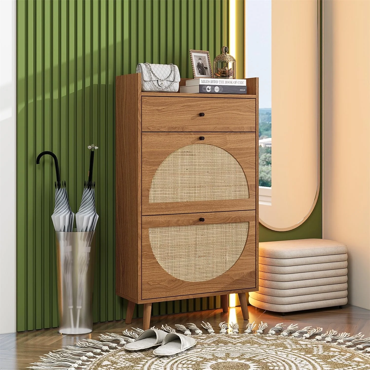 Wooden Warehouse Storage Cabinet Rattan Shoe Rake Home Bedroom Bathroom Outdoor Park Mall Villa Entryway Living Room