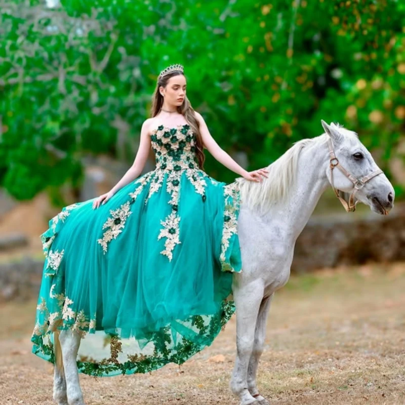 

Customized green Quinceanera Dresses Off the Shoulder applique 3D flower Bow Long tail Vestido 15 Quinceanera