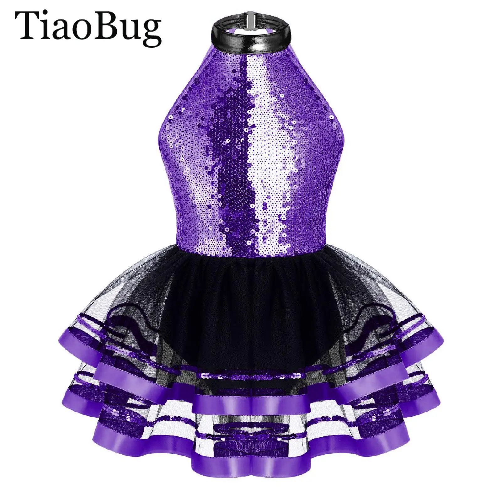 

Girls Halter Shiny Sequin Tulle Dress Gymnastics Leotard Ballet Tutu Dress Modern Lyrical Latin Jazz Dance performance Costume